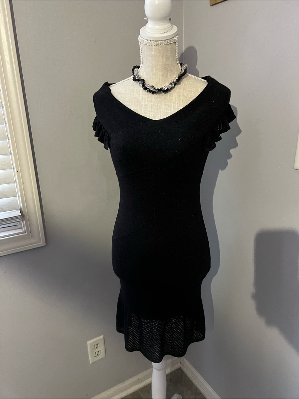 Women's Black Midi Dress with Ruffle Sleeve Detail